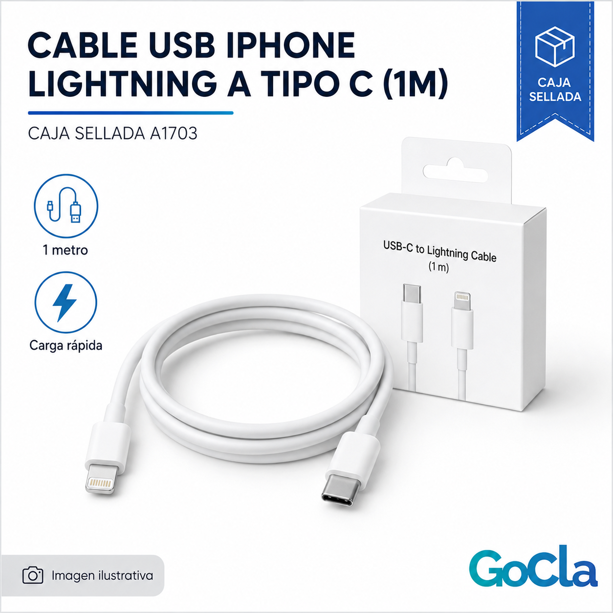 CABLE USB IPHONE LIGHTNING A TIPO C (1M) CAJA SELLADA A1703